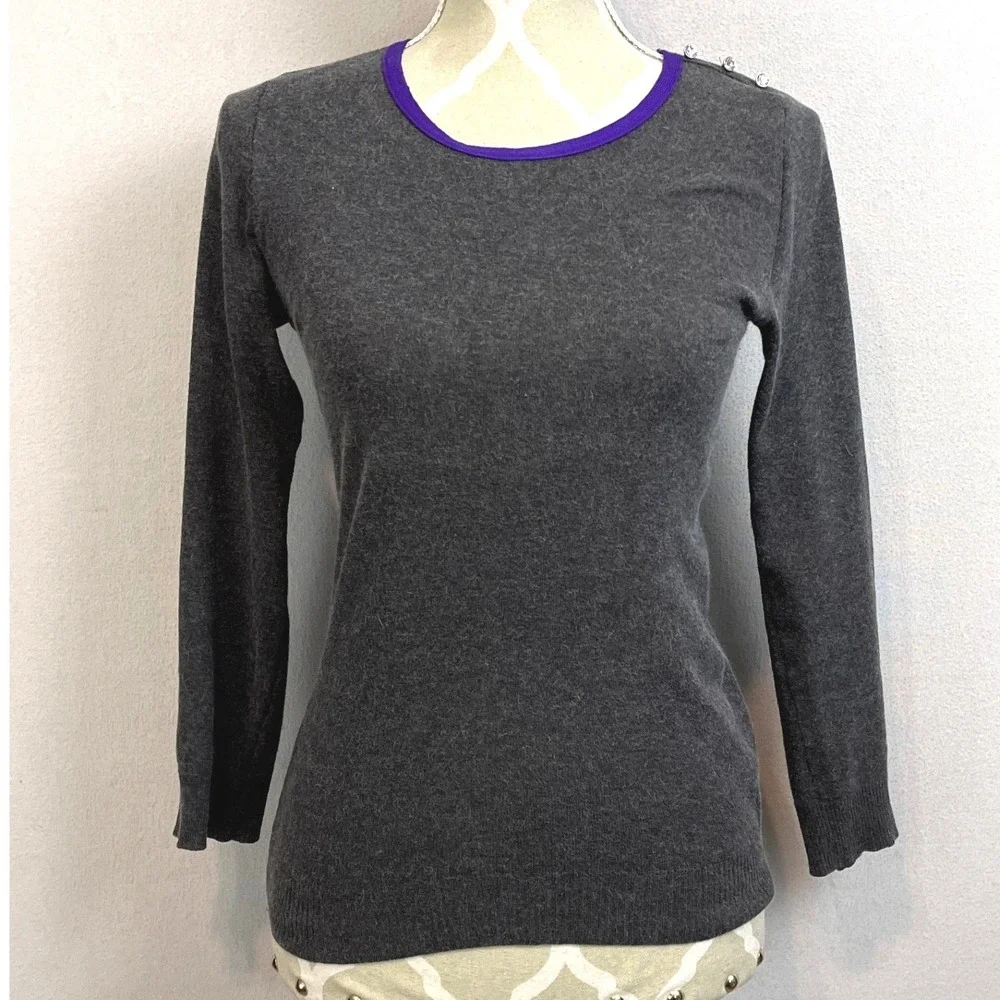 Sonia by Sonia Rykiel‎ Gray Angora Blend Sweater Purple Trim Button Shoulder S - Picture 2 of 9